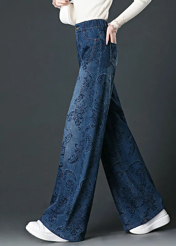 Blue Pockets Print High Waist Wide Leg Jeans Fall