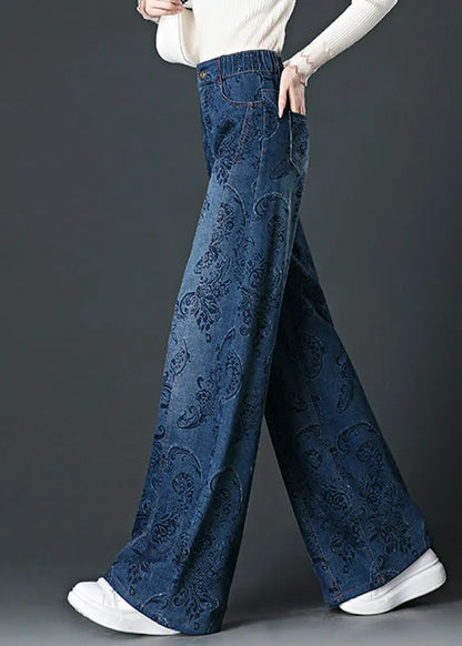 Blue Pockets Print High Waist Wide Leg Jeans Fall