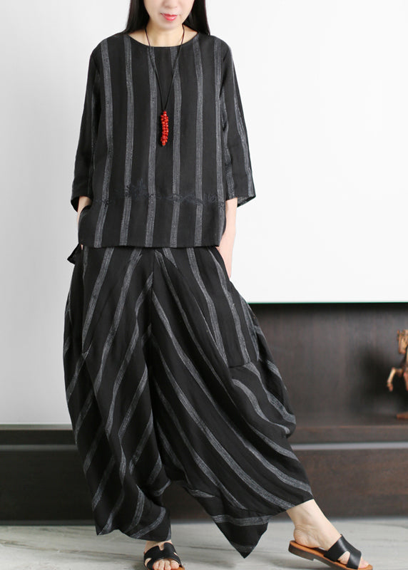 Original Loose Black Embroideried Striped Tops and Harm Pants Linen Two Pieces Set Summer
