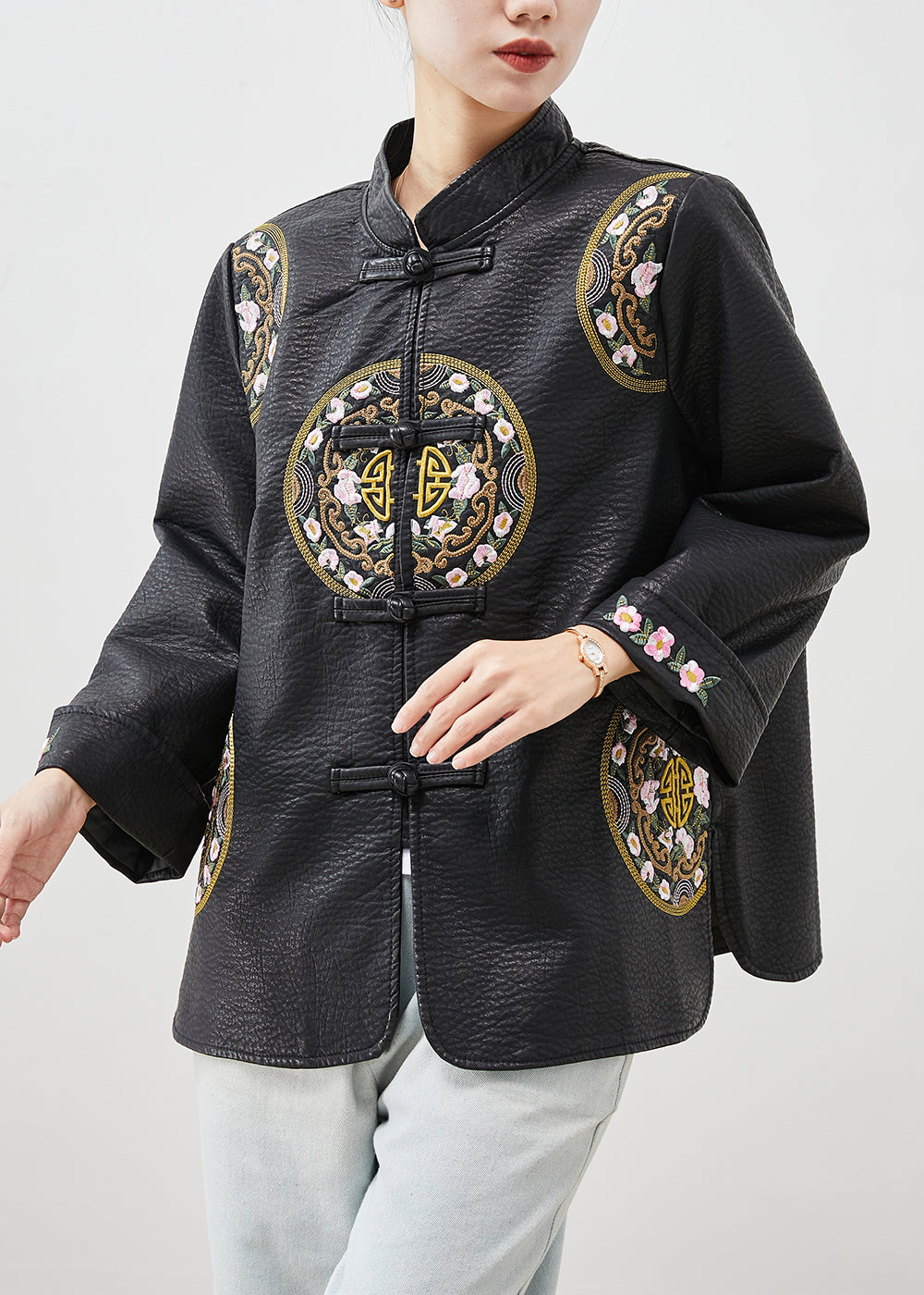 Black Embroideried Chinese Button Faux Leather Coat Spring