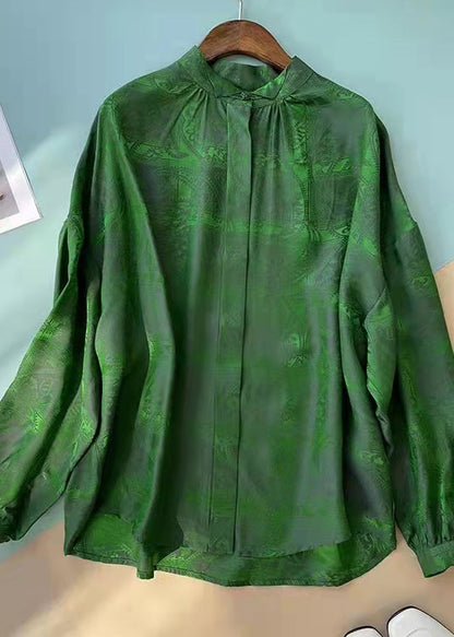 Green Stand Collar Button Jacquard Silk Blouse Tops Long Sleeve