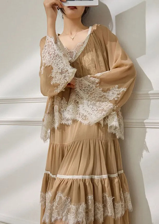 French Apricot Lace Patchwork Top and Maxi Skirts Two Pieces Set Flare Sleeve