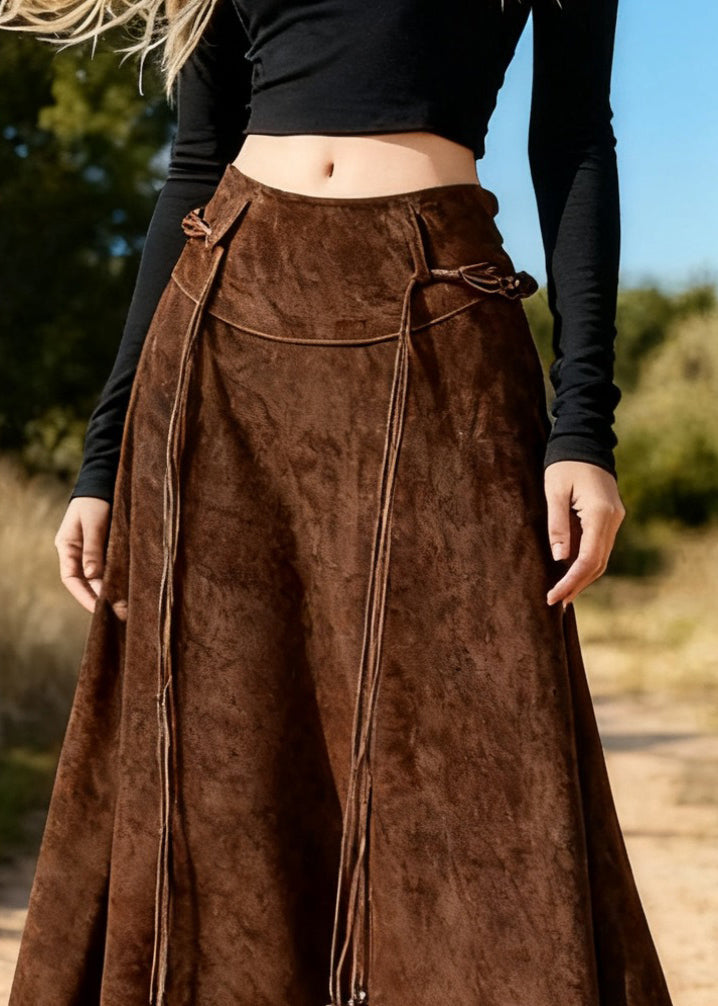 Coffee Asymmetrical Lace Up High Waist Faux Suede Skirts Spring