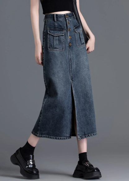 Silm Fit Navy High Waist Side Open Denim Straight Skirt Spring