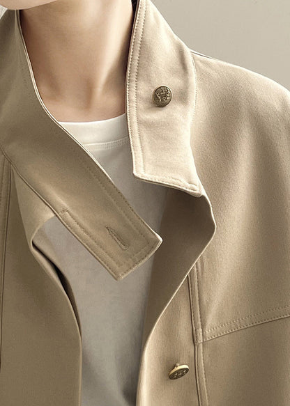 Khaki Stand Collar Drawstring Cotton Coat Outwear Fall