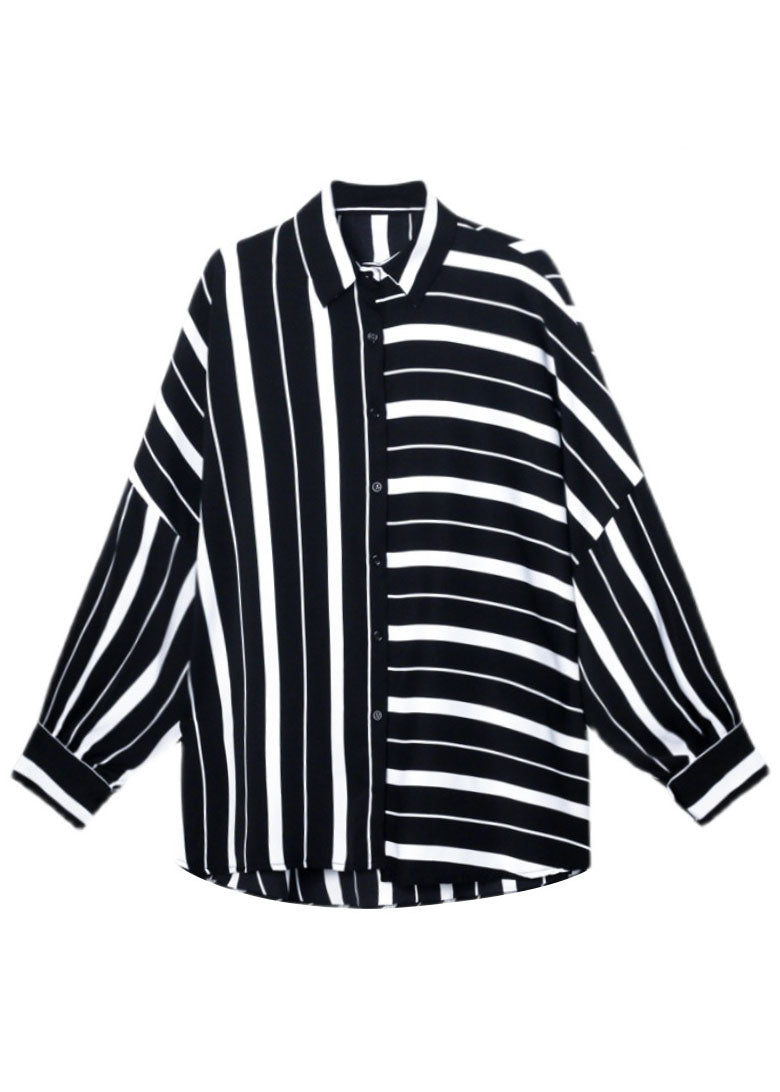 Unique Black White Striped Asymmetrical Design Fall Blouses Long Sleeve