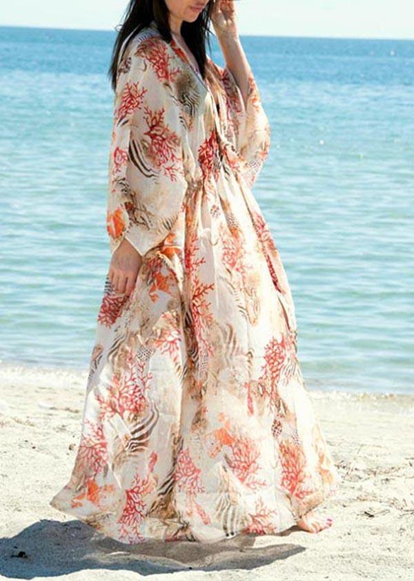 Print Tie Waist Kimono Robe Oversize Chiffon Dress