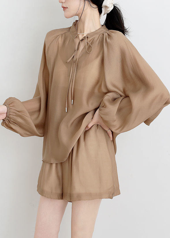 Khaki Stand Collar Color Cotton Two Pieces Set Summer