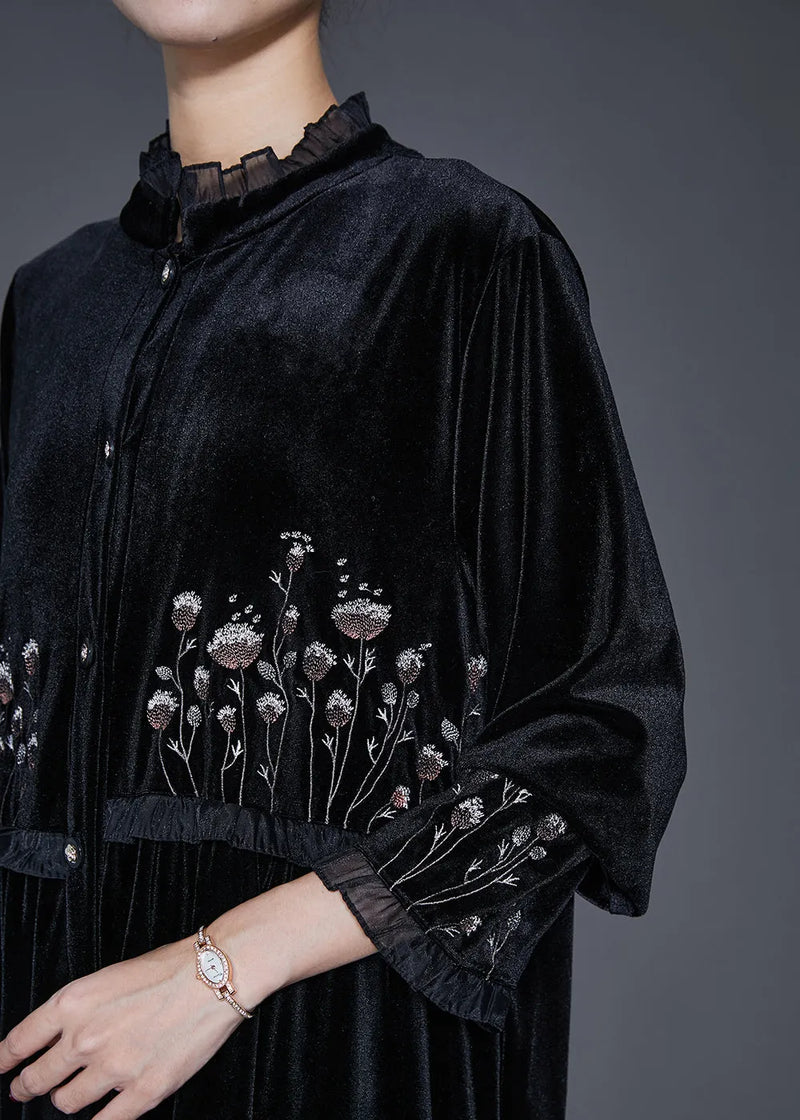 Black Embroidered Patchwork Ruffled Silk Velour Dress Bracelet Sleeve