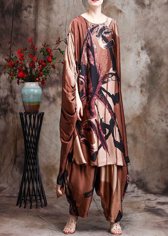 Baggy Chocolate Print Silk Dress and Wide Leg Pants Two Piece Suit Set Batwing Sleeve