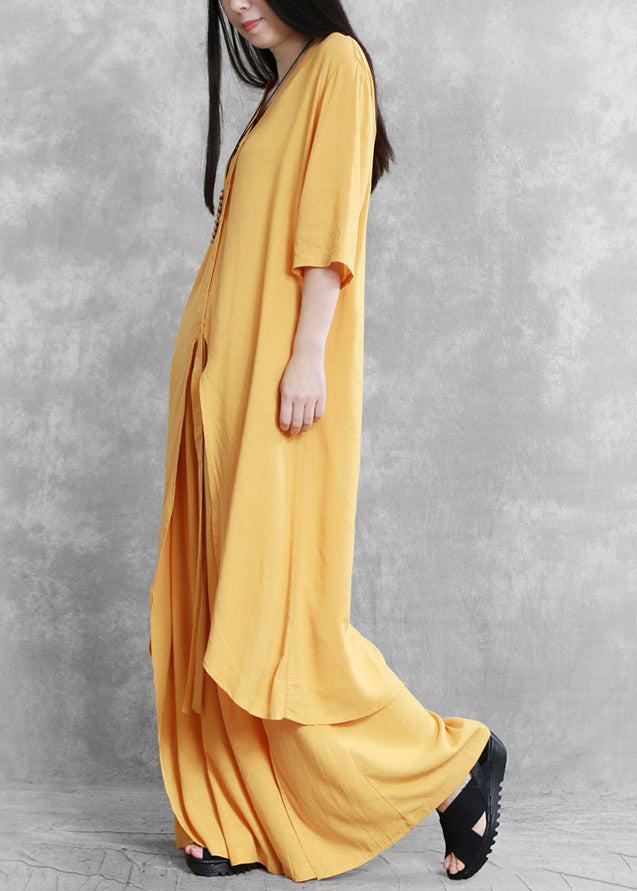 Brief Yellow V Neck Top and Wide Leg Pants Two Pieces Set Summer