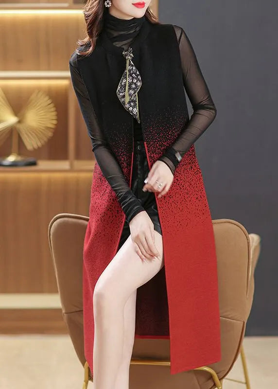 Black O Neck Pockets Lace Up Patchwork Woolen Long Waistcoat Sleeveless