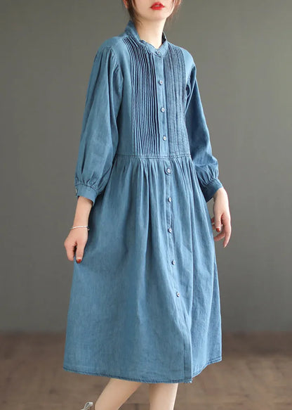 Light Blue Wrinkled Patchwork Denim O-neck Dress Long Sleeve