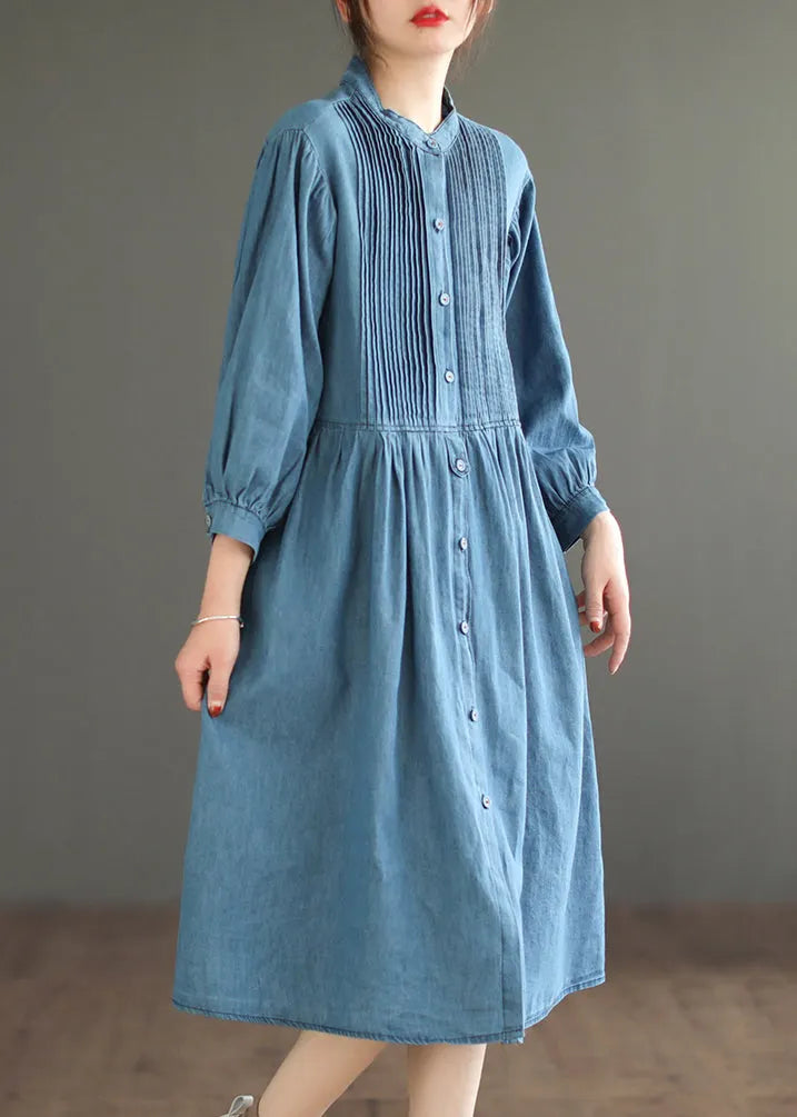 Light Blue Wrinkled Patchwork Denim O-neck Dress Long Sleeve