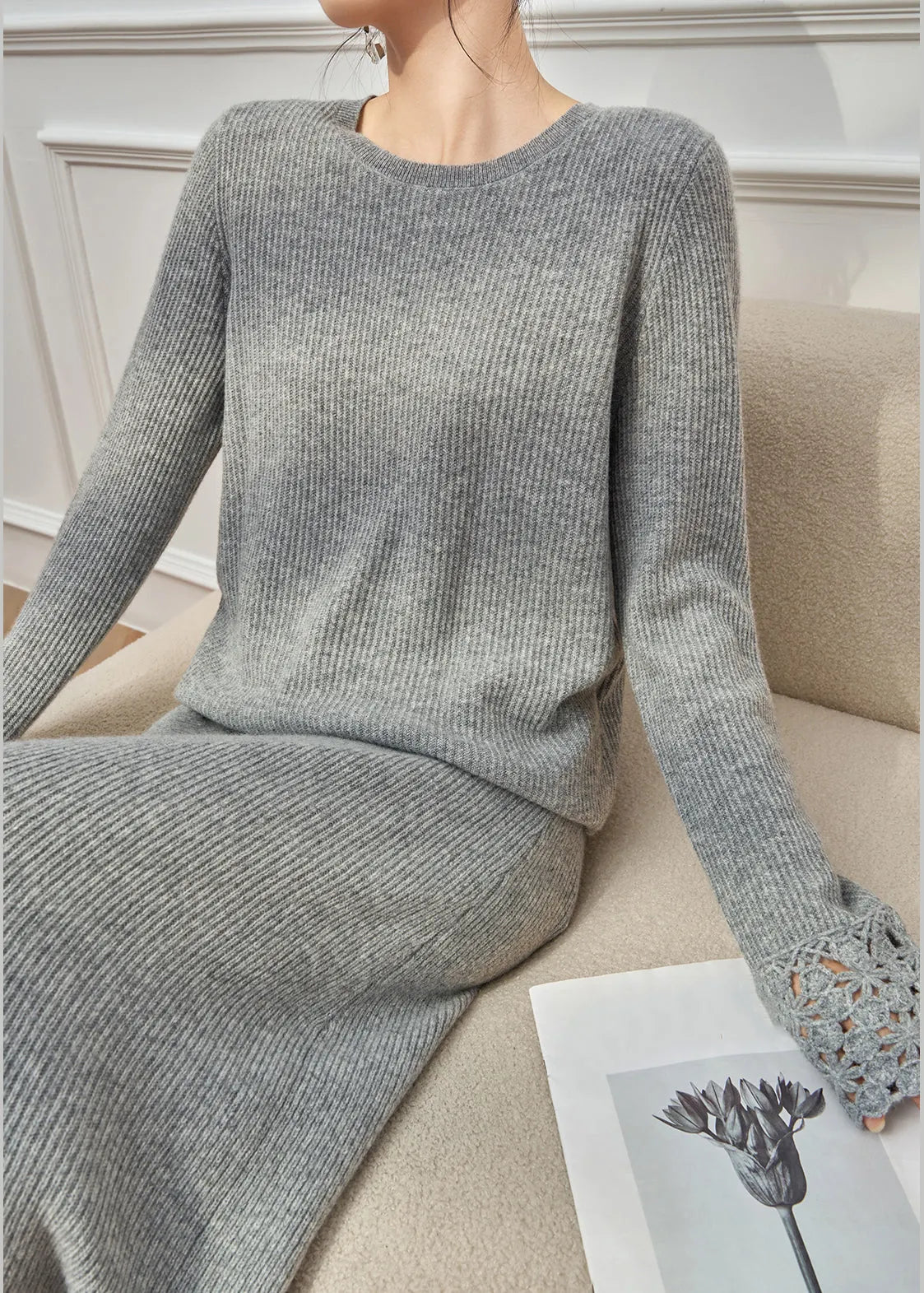 Simple Grey Hollow Out Sweaters and Skirts Knit Two Pieces Set Winter