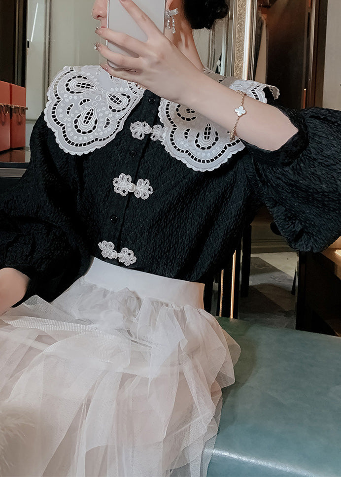 Black Peter Pan Collar Print Button Shirts Long Sleeve