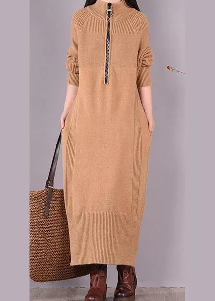 French Khaki Dress Zippered Pockets Dresses Spring Dress