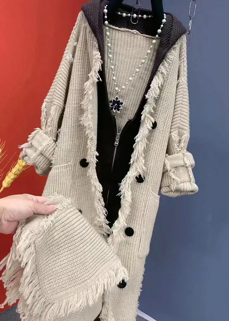 Beige Tasseled Patchwork Knit Hooded Coat Fall