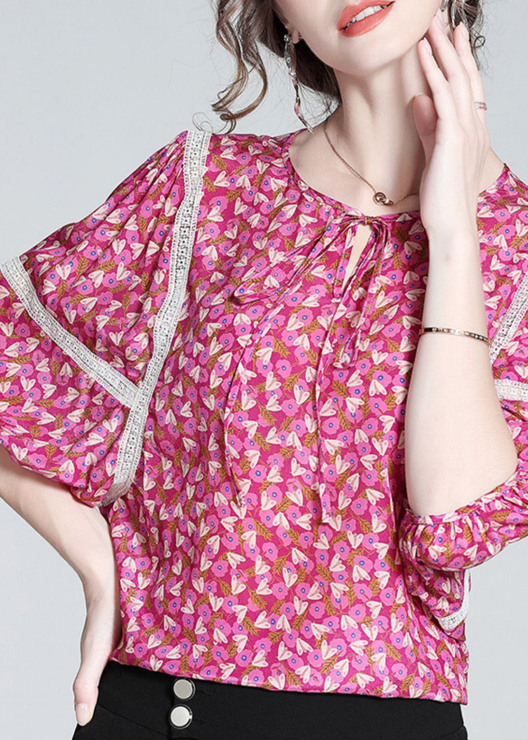 Rose O-neck Print Neck Tie Silk Tops Short Sleeve