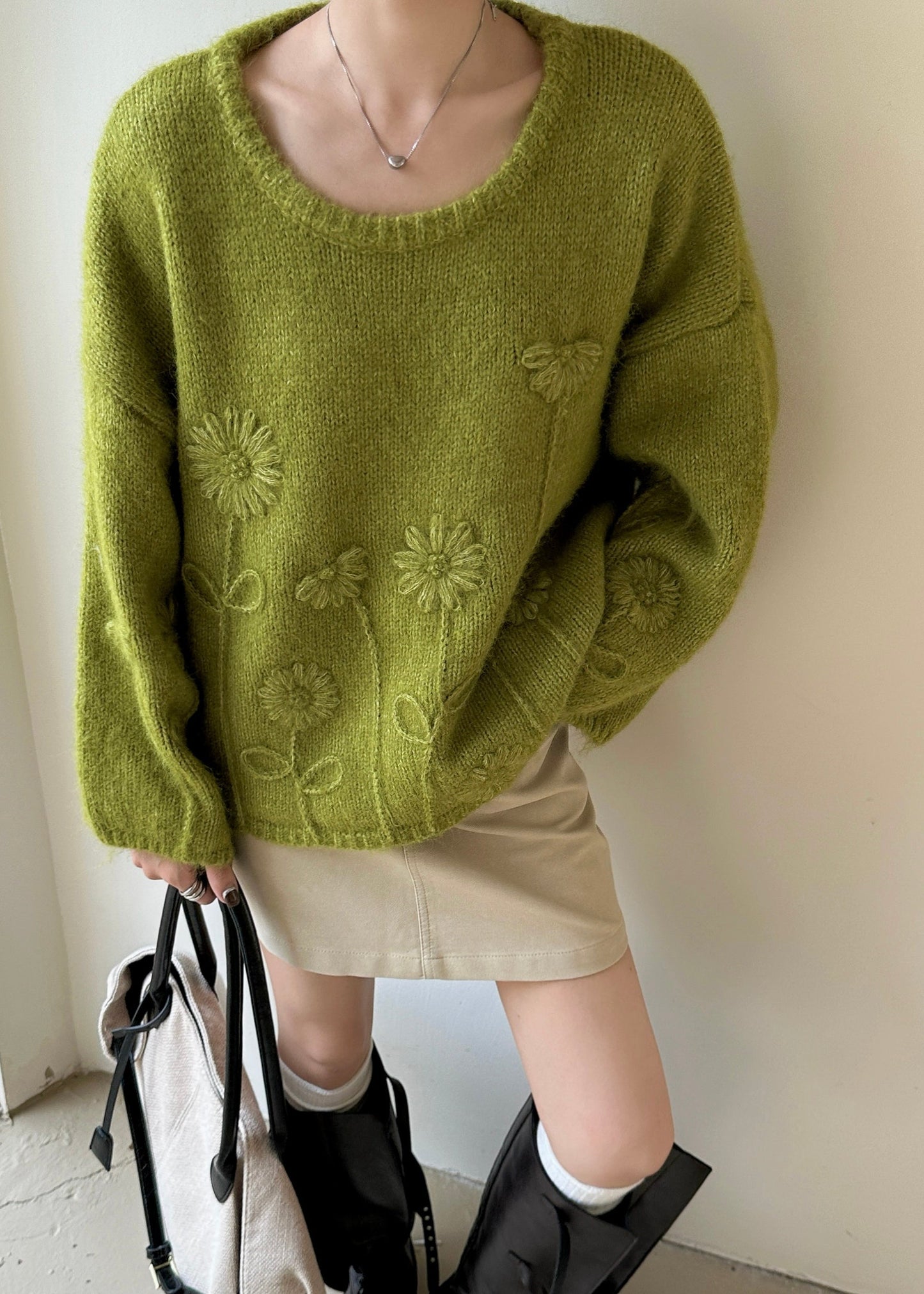 Tea Green Oversized Knit Sweater Winter