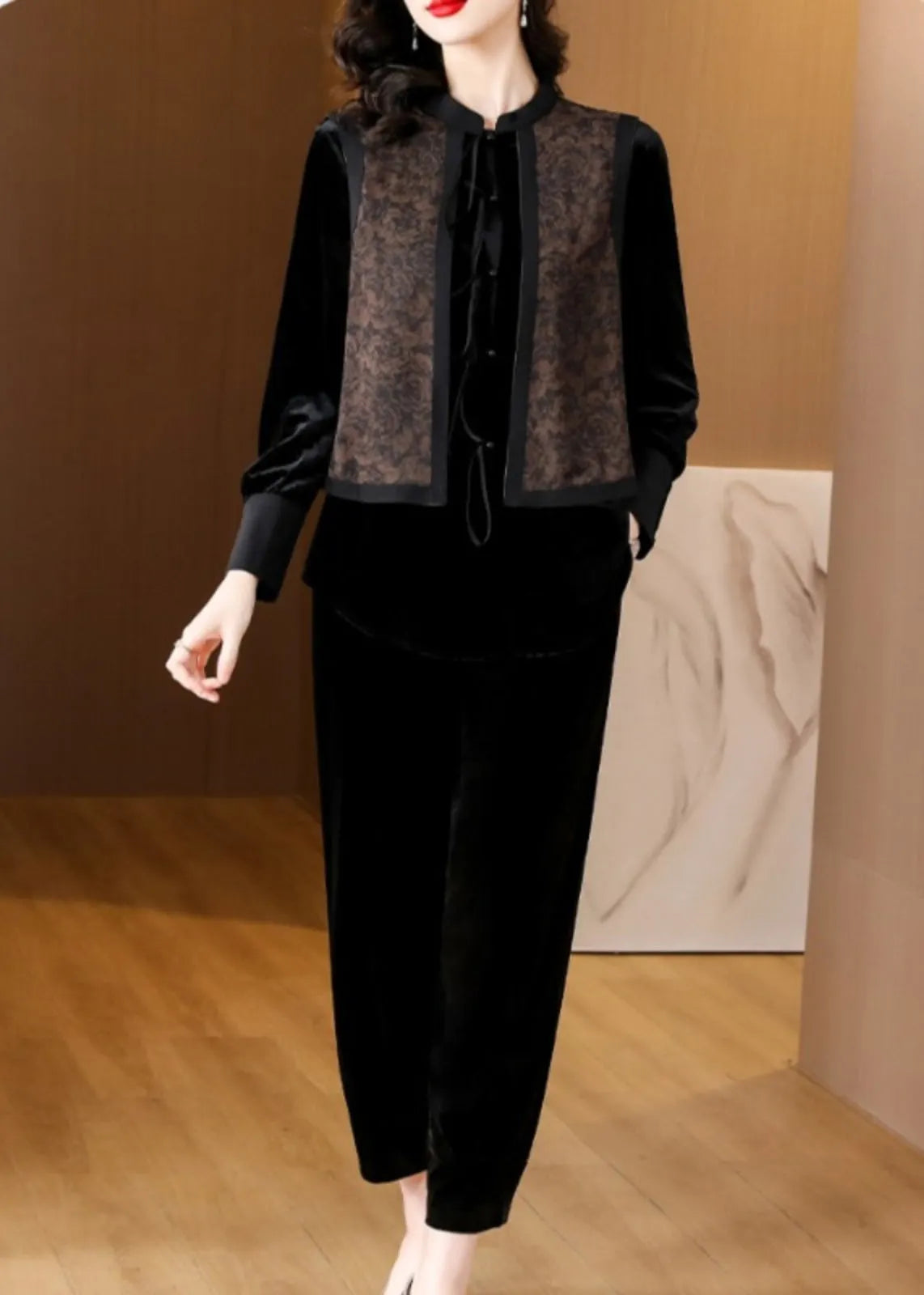 Black O-neck Print Silk Velour Shirts and Harem Pants Two Pieces Set Fall
