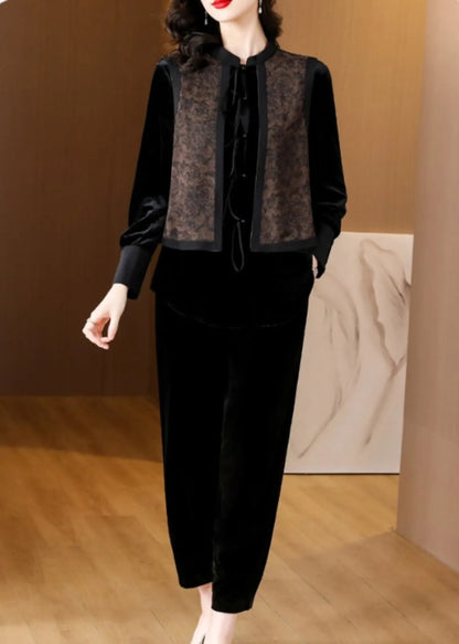 Black O-neck Print Silk Velour Shirts and Harem Pants Two Pieces Set Fall