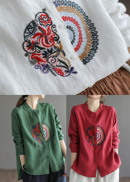 Green Embroideried Linen Shirt Top Long Sleeve