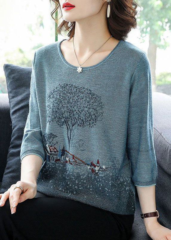 Blue O-neck Print Knit Sweater Tops Bracelet Sleeve