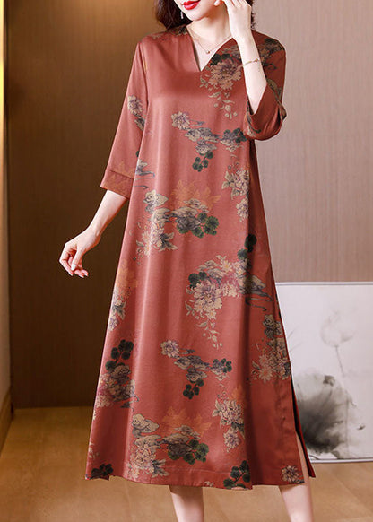 Red V Neck Print Side Open Silk Long Dress Half Sleeve