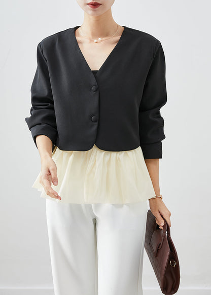 Black V Neck Patchwork Spandex Coats Fall