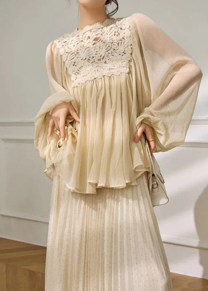 Beige Lace Patchwork Top and a Line Skirts Two Pieces Set Spring