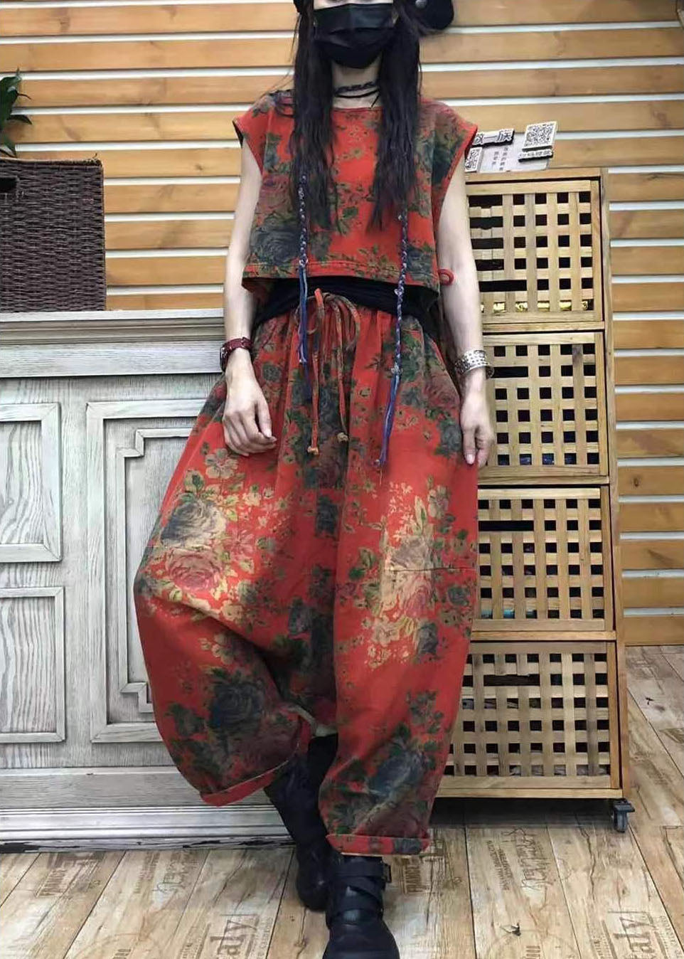 Organic Red O-neck Print Low High Design Fall Sleeveless Two Pieces Set