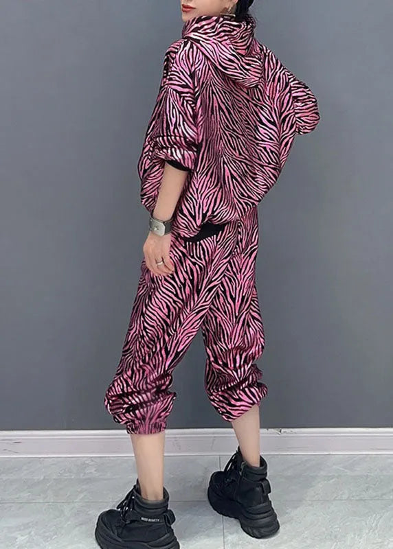 Vogue Rose Striped Print Hooded Top and Pants Two Pieces Set Fall