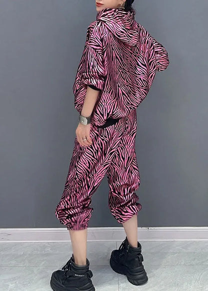Vogue Rose Striped Print Hooded Top and Pants Two Pieces Set Fall
