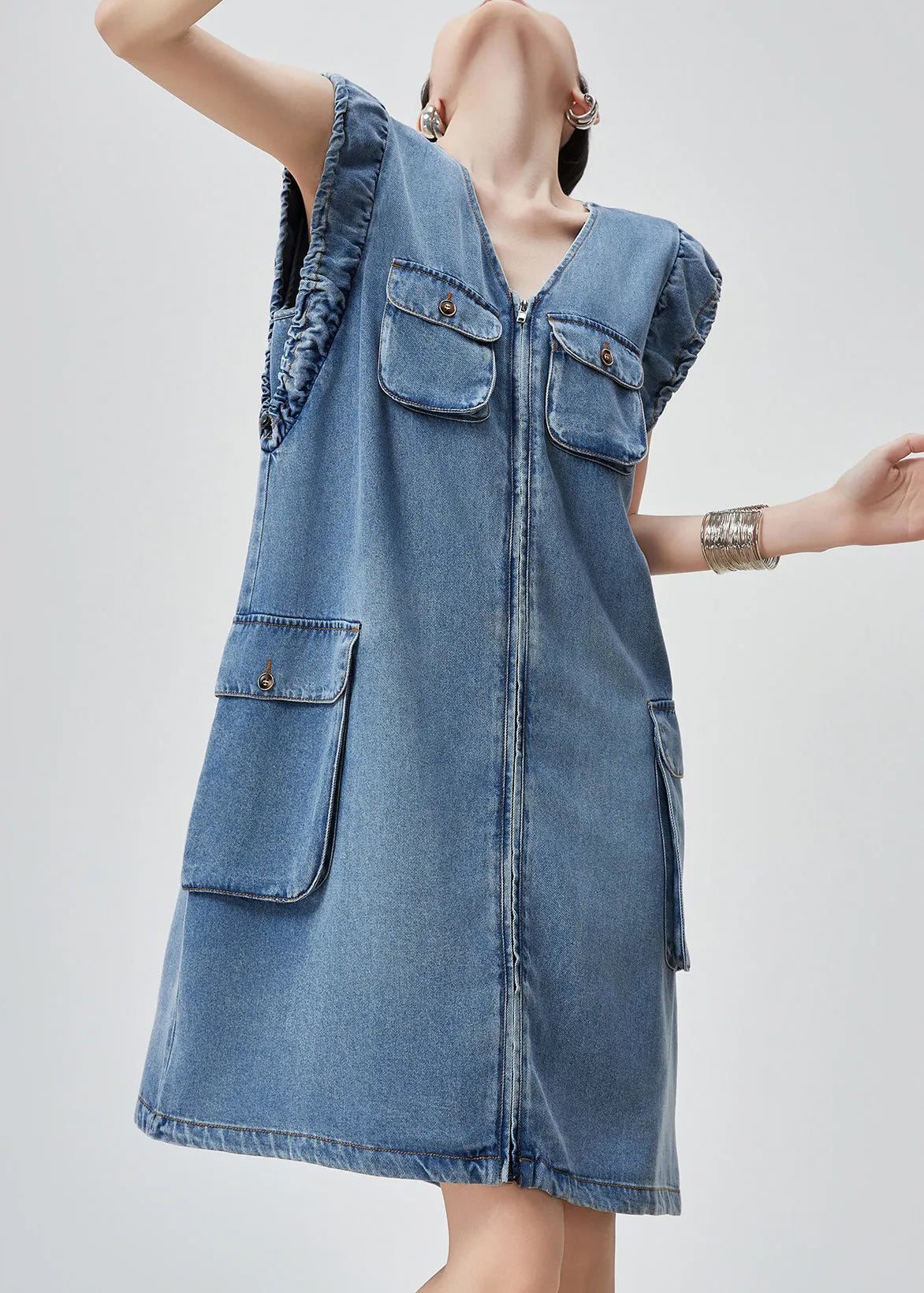 Original Blue V Neck Zippered Pockets Denim Mid Dress Sleeveless Summer