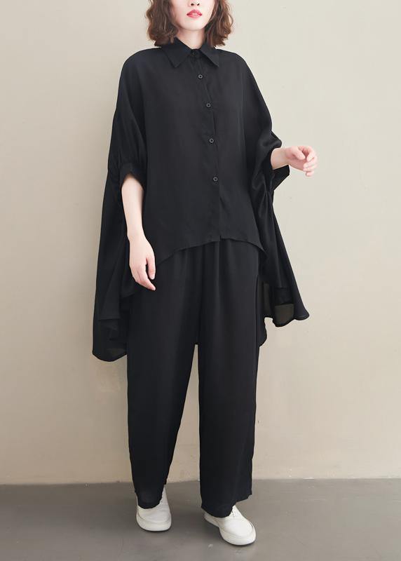 Loose Lapel Batwing Sleeve Spring Clothes Fabrics Black Tops