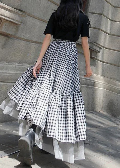 Black White Plaid Ruffles Patchwork Lace Skirt Summer