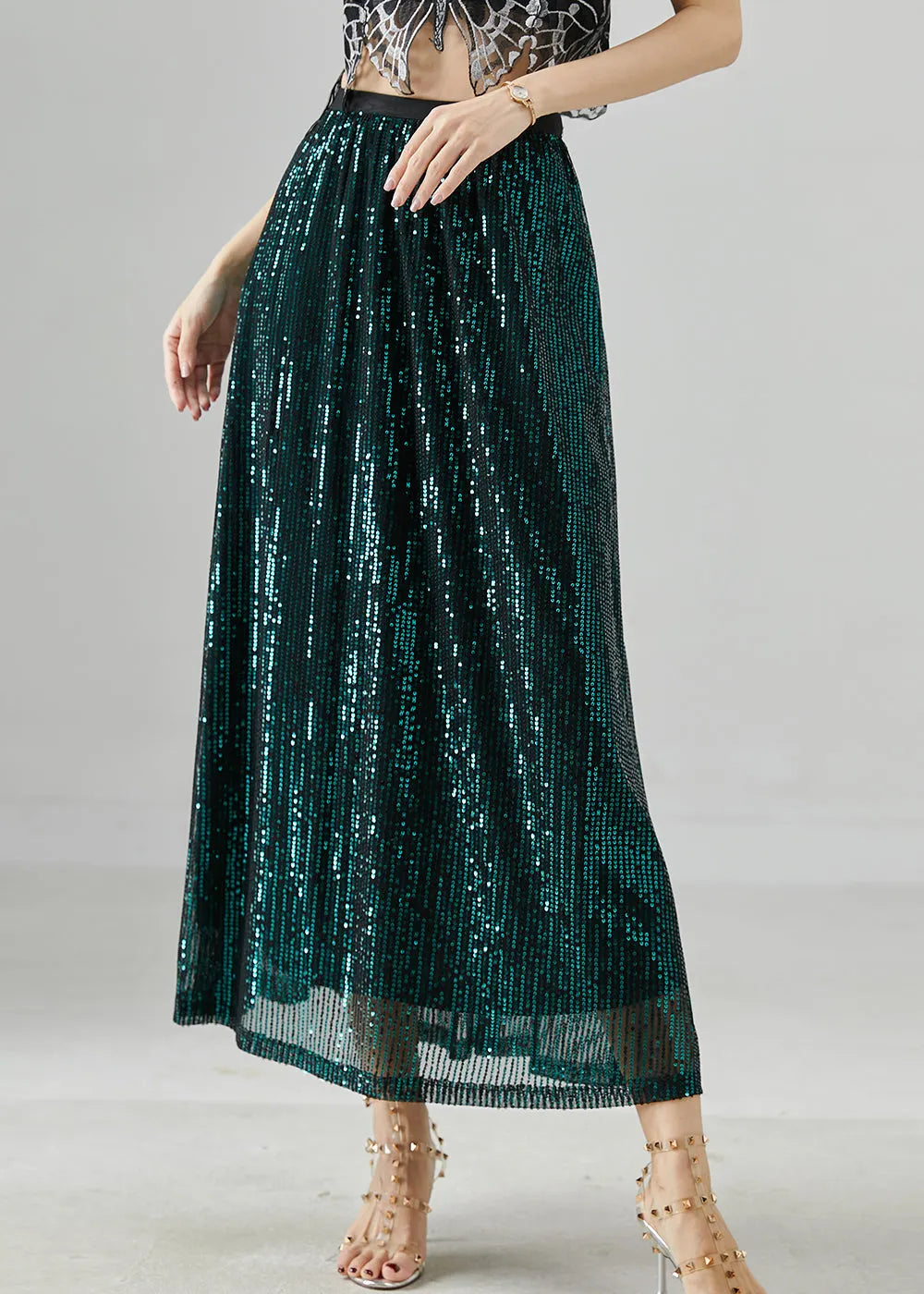 Peacock Green Sequins Silm Fit Holiday Skirts Summer