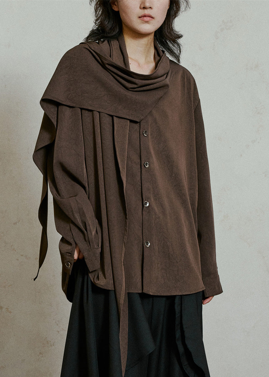Coffee Wrinkled Button Top Lantern Sleeve