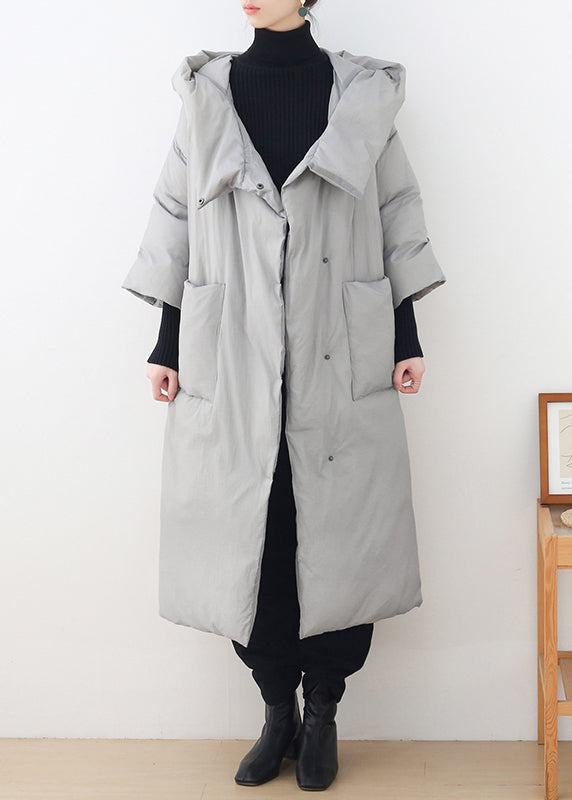 Grey Button Pockets Hooded Down Coat Long Sleeve