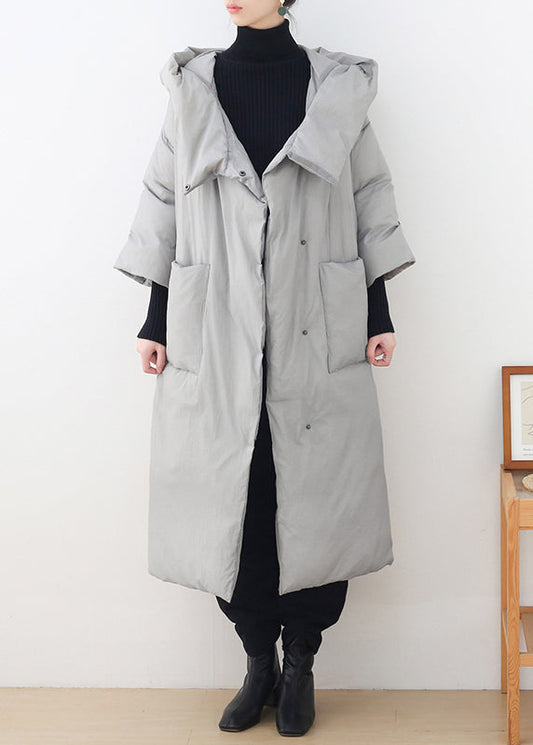 Grey Button Pockets Hooded Down Coat Long Sleeve