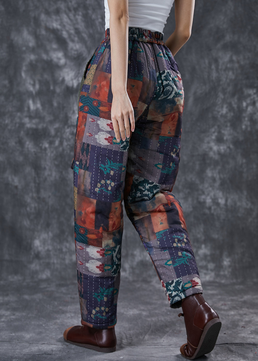 Black Print Thick Fine Cotton Filled Pants Pockets Winter