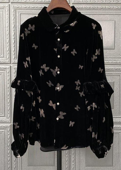 Black Peter Pan Collar Print Button Velour Tops Fall