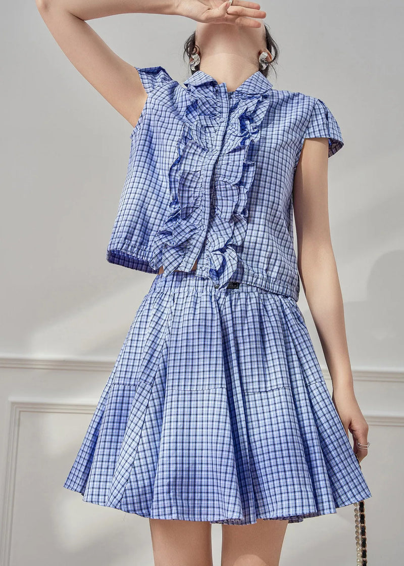 Blue Plaid Peter Pan Collar Shirt and Skirts Two Piece Set Summer