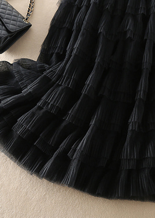 Organic Black Elastic Waist Wrinkled Tulle Skirts Spring
