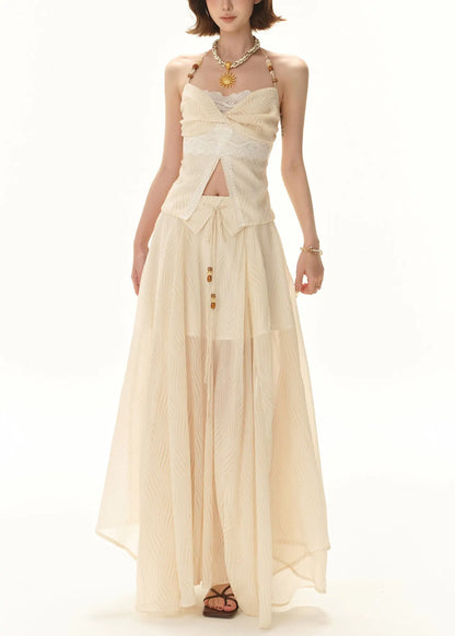 Apricot Lace Tops and Skirts Patchwork Two Pieces Set Sleeveless