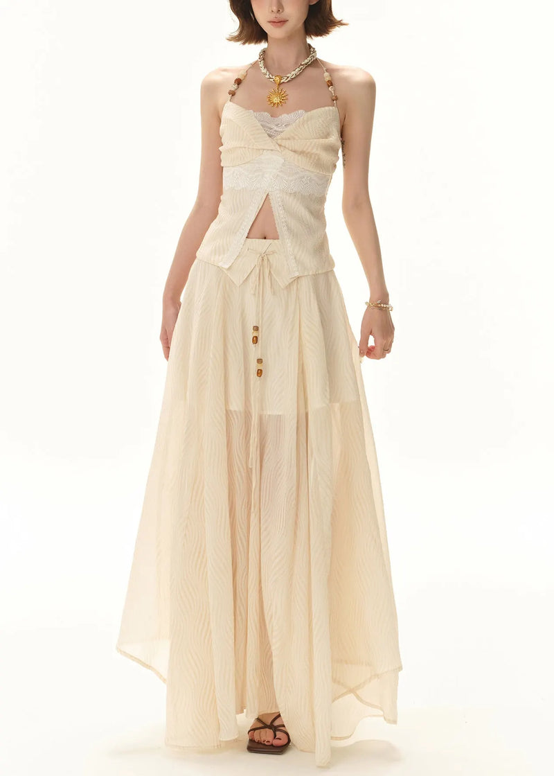 Apricot Lace Tops and Skirts Patchwork Two Pieces Set Sleeveless