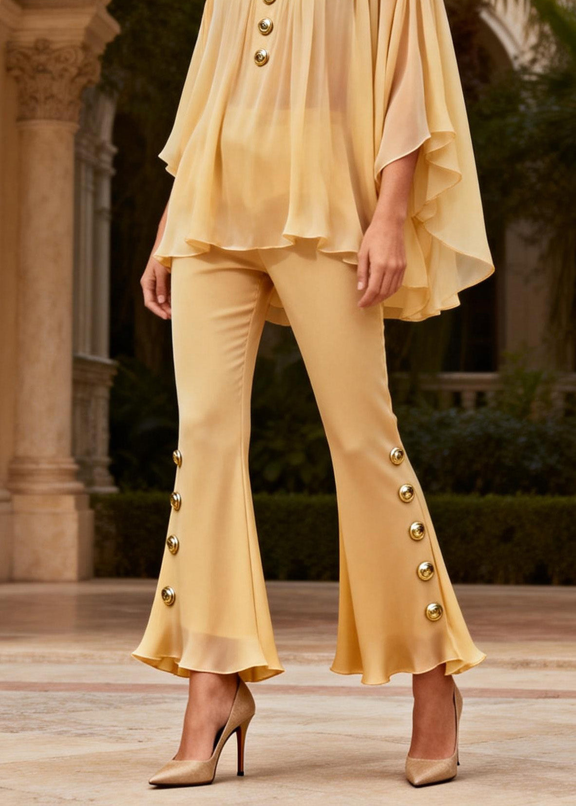 Yellow O Neck Sequined Silk Two-piece Set Summer