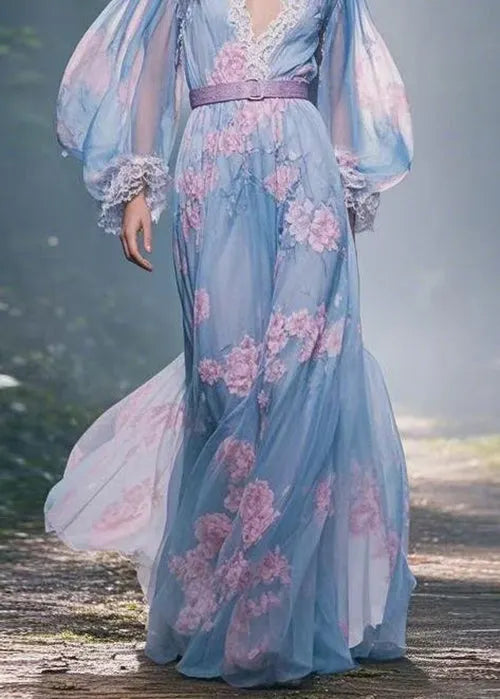 Print V Neck Lace Sashes Patchwork Chiffon Maxi Dresses Spring