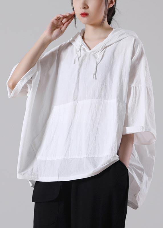 White Hooded Cotton Tops Summer